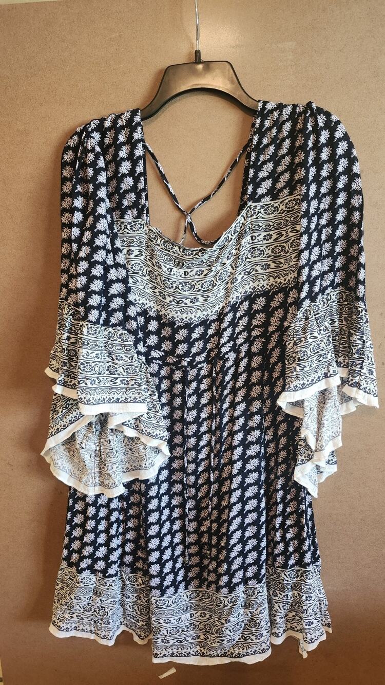 Midnight Velvet Dress XL Blue White Paisley Geometric Print 100% Rayon Boho D13